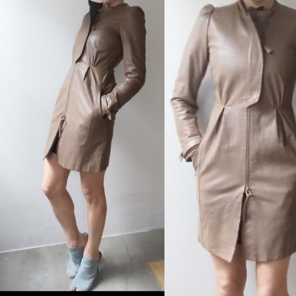 All Saints sample skinny cocoa leather trench dress jacket 2